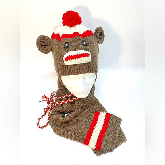 NWT Hand Knit Sock Monkey Beanie Hat and Scarf Set One Size Fits Most - Picture 7 of 9